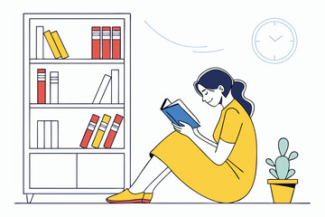 Young woman reading blue book next to bookshelf and cactus vector