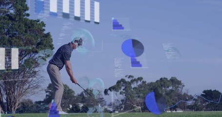 Male golfer aligning driver on tee starting swing while analytics overlays showing swing trajectory - Powered by Adobe