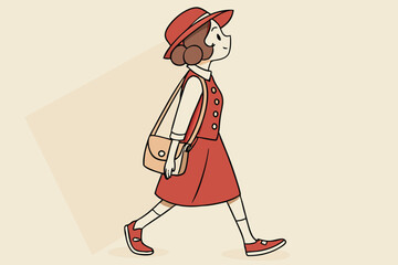 Young woman walking with a satchel cartoon illustration