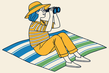 Young woman with binoculars wearing a hat and striped shirt yellow pants