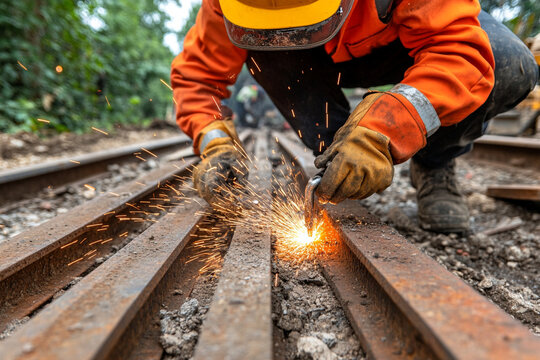 Welder creates sparks while working on railway tracks
