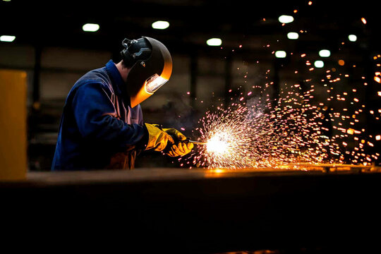 Welder creates sparks in industrial workshop during daytime