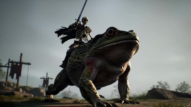 Animated video of a skeleton knight with a sword and cloak riding a giant walking frog.
Video generated by AI.	