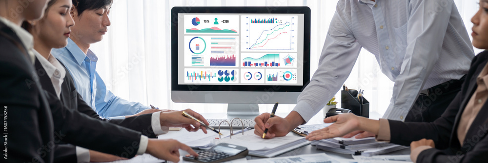 Poster business intelligence and data analysis concept. analyst team working on financial data analysis das
