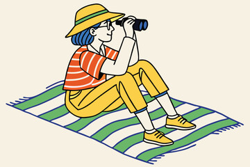 Young woman with binoculars wearing a hat and striped shirt yellow pants