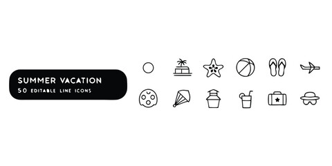 Line icons depicting summer vacation themes, including sun, beach, and travel essentials in a cohesive design..eps