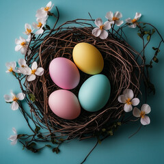 Top view of colorful natural Easter eggs in nest with small pink, yellow, and light blue flowers