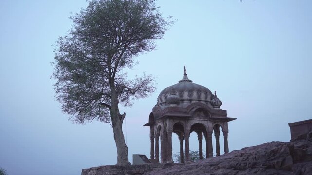 Ornate Sandstone Chhatri Pavilion at Rajasthani Fort, India