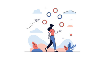 Illustration of a woman skillfully juggling multiple abstract shapes against a backdrop of stylized clouds and foliage depicting a sense of balance and multitasking efficiency
