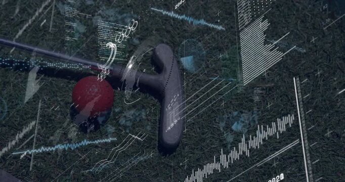 Faint waveforms forming around red ball and gray T-shaped tool driving graphs for data analysis