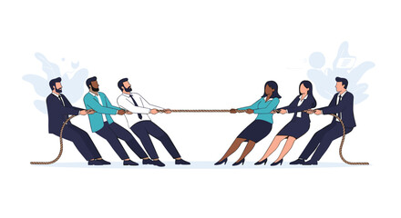 Diverse business professionals engaged in a fierce tug of war competition symbolizing corporate conflict resolution strategy