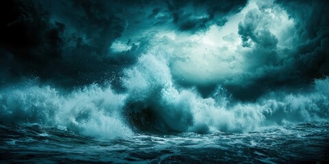 Obraz premium A dramatic ocean scene with turbulent waves crashing and dark storm clouds creating a moody, intense atmosphere over the sea.