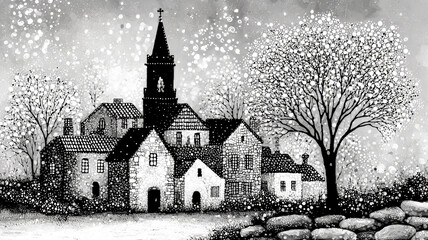 A black and white winter village illustration with a church and a large, textured tree under falling snow.