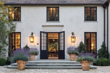 Fototapeta premium Elegant house entrance with grand double doors, Mediterranean plants, and warm lighting in a serene outdoor setting during twilight