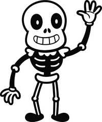 Skeleton Waving with a Smile Black and White Doodle
