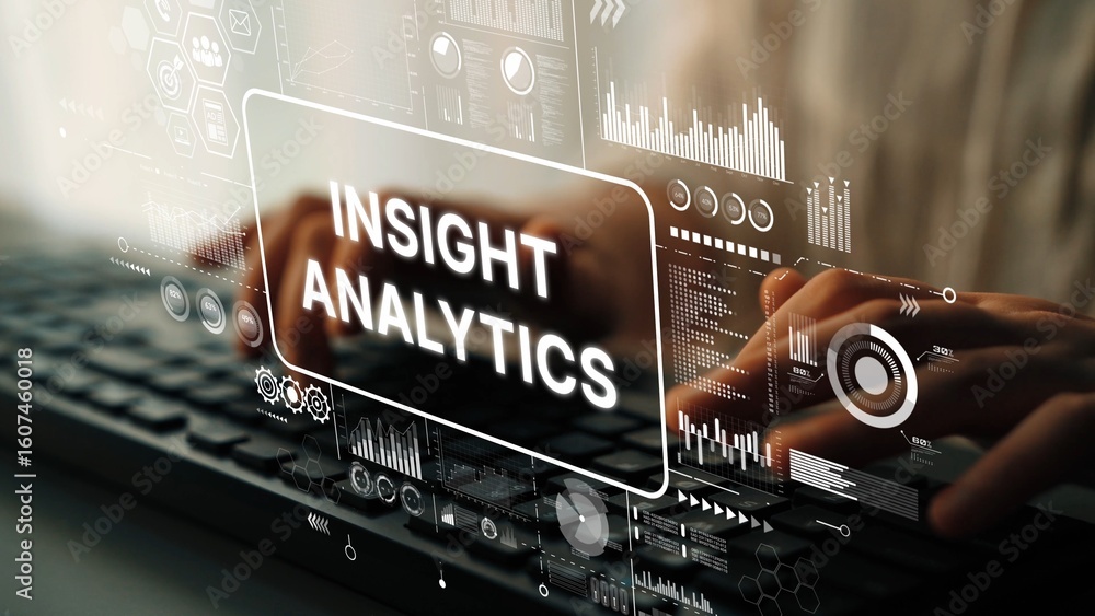 Poster User Engaged in Data Analytics with Insights Displayed on a Transparent Screen in a Modern Workspace. Asymptotic smart data analytic.