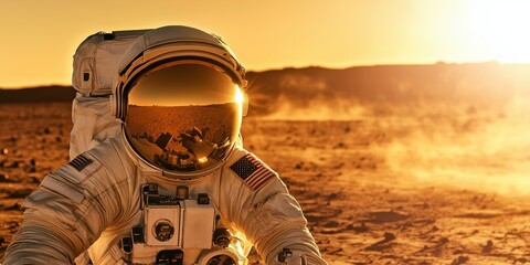 An astronaut in a spacesuit explores a rocky, dusty terrain under a bright sun, with the landscape reflected on the helmet visor.