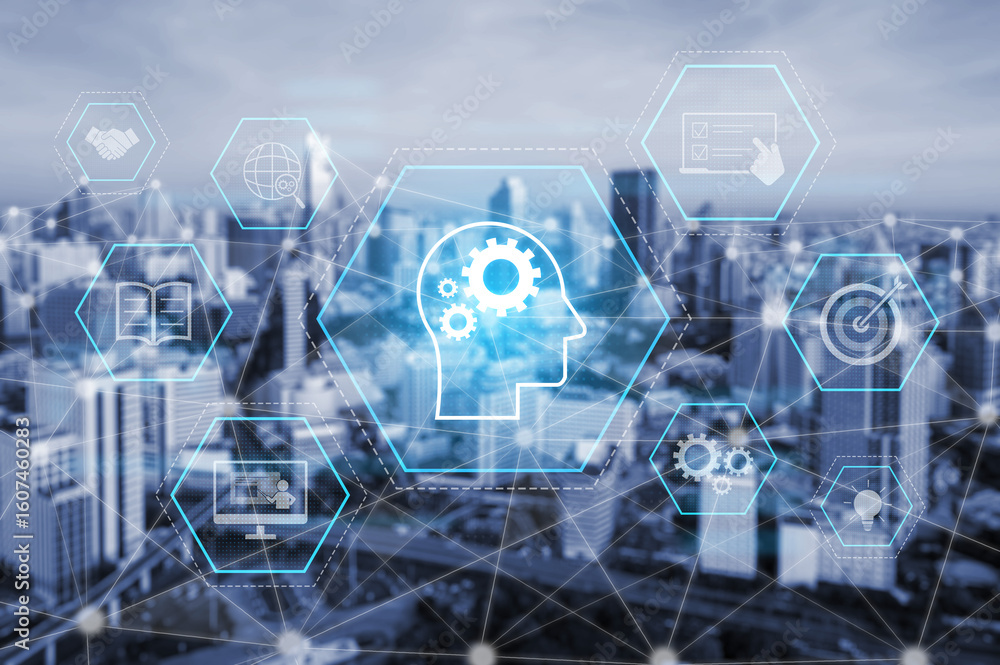 Poster head with gear and icons representing learning, digital training, and development process, showing s