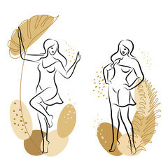 Collection. Silhouette of a cute lady and leaves of a plant. The girl is standing. The woman has a beautiful figure. She is young and slim. Vector illustration set.