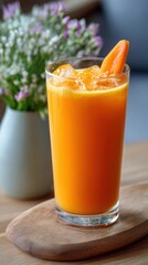 Refreshing cold glass of fresh orange juice with ice on a wooden table. National Fresh Squeezed Juice Week