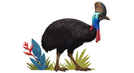 A cassowary in rainforest, vector colorful dangerous bird, white background