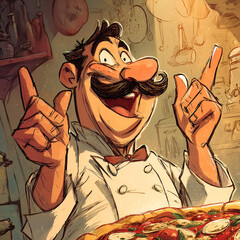 Cartoon like character, a super energetic chef with an oversized moustache, expressive face showing happiness over a pizza