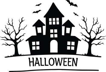 Black silhouette haunted house with bats and bare trees