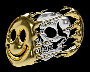 3D metallic artwork of a smiling face merging with a chrome skull. Bold and edgy concept for urban fashion, digital art, and sports-inspired streetwear graphics with a rebellious aesthetic