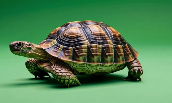 A tortoise with a patterned shell standing on a green surface looking forward in a studio shot