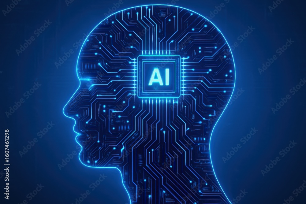 Poster ai brain: a stylized rendering of a human head illuminated by intricate circuits, centered around a 