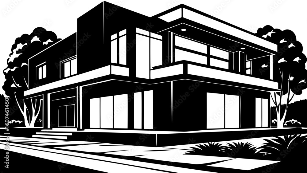Poster illustration of a modern two story house with large windows and trees in black and white style creat