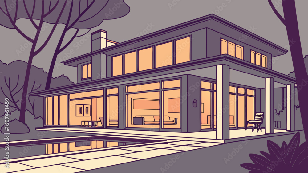 Poster illustration of a modern house with a pool and trees in a muted color palette at dusk or dawn time c