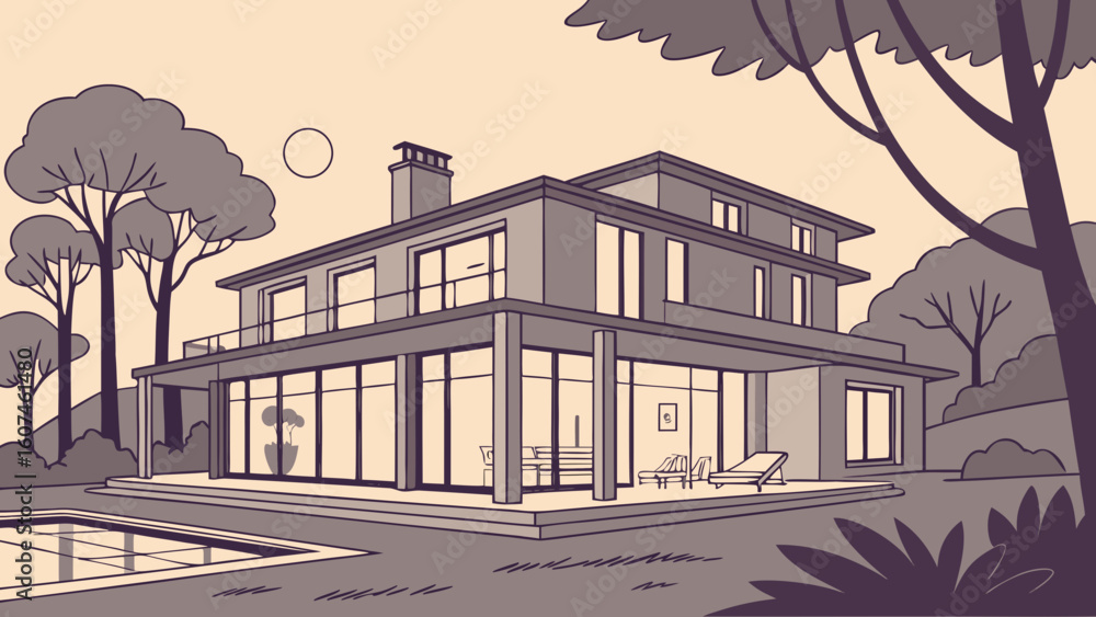 Poster illustration of a modern house with a pool and trees in a monochrome color scheme and minimalist sty