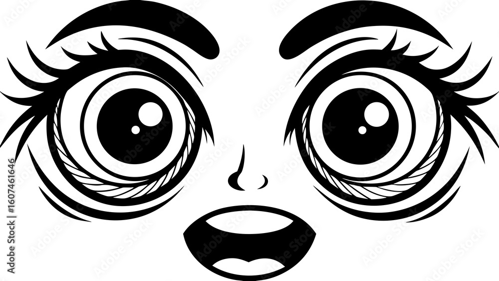 Poster close up of a cartoon face with large eyes eyebrows nose and open mouth in black and white style cre