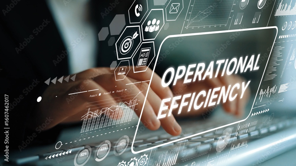 Aufkleber hands typing on keyboard with focus on operational efficiency graphic and digital elements represent