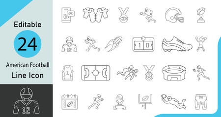 Editable and classic American football or rugby icon set, American football elements vector icon Includes sports shoe, Sport medal, Sports Helmet, Stadium, Whistle on a lanyard, player and more