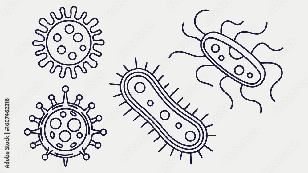 Poster illustration of four bacteria and viruses with different shapes and outer structures in black outlin