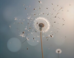Naklejka premium Dandelion Seeds Blowing in the Wind – Soft Botanical Scene with Flying Fluff and Tranquil Sky for Nature-Inspired, Minimalist, and Calm Backgrounds, Wellness, or Inspirational Design Use