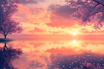 Glassy lake at sunrise with orange and pink sky hues casting a soft glow on the water 