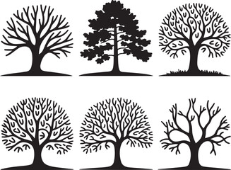 Obraz premium Set of Tree Silhouettes Vector – Deciduous and Evergreen Trees, Bare Winter Branches, Black Forest Icons