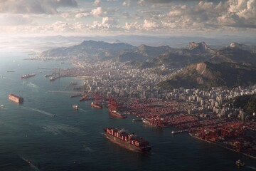 Economic shift: brazilian port and asian trade routes visualized. Trade shift. Brazil's coffee export strategy shifts towards asia due to tariff threat. International trade. Strategic shift.