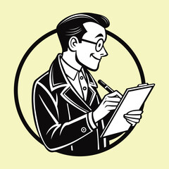 Retro cartoon man writing on clipboard, Vintage vector illustration of smiling professional in circle frame, Vintage vector mascot