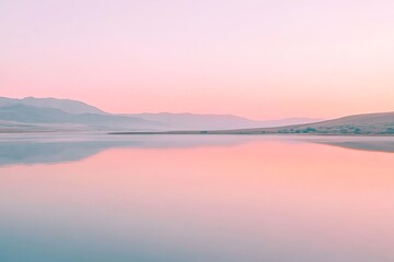 Obraz premium Glassy lake at sunrise with orange and pink sky hues casting a soft glow on the water 