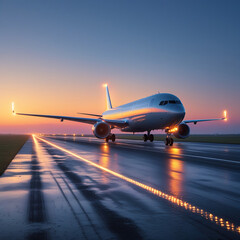 Solitary Jet Gliding Along Lit Runway at Dusk Beneath a Tranquil Twilight Sky