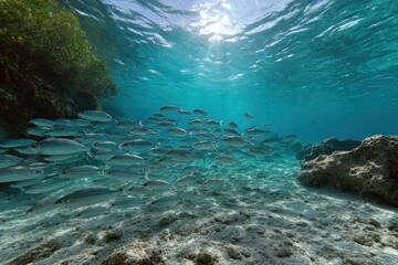 Obraz premium Vast school of silvery fish swims through crystal clear tropical ocean waters near coral reef