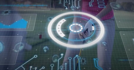 Golfer sliding grip and testing alignment on turf while tech HUD analyzing stance for swing - Powered by Adobe