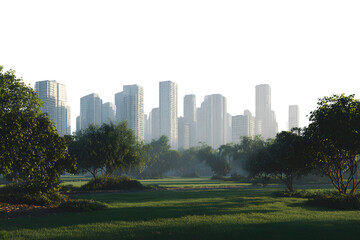 Fototapeta premium Distant Cityscape with Layered Skyscrapers and Park Zone in Foreground, Atmospheric Depth, Isolated PNG