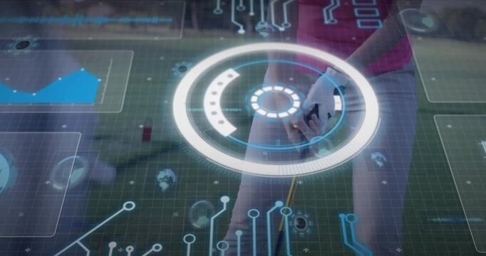 Golfer sliding grip and testing alignment on turf while tech HUD analyzing stance for swing - Powered by Adobe