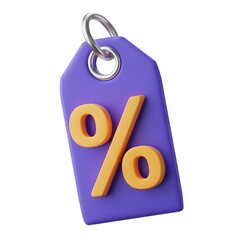 Purple price tag with yellow percentage symbol isolated on white background