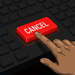 A metaphor for the inability to make decisions. The trembling hand over the large red "CANCEL" button symbolizes the fear of making a mistake and the difficulty of making a final decision.